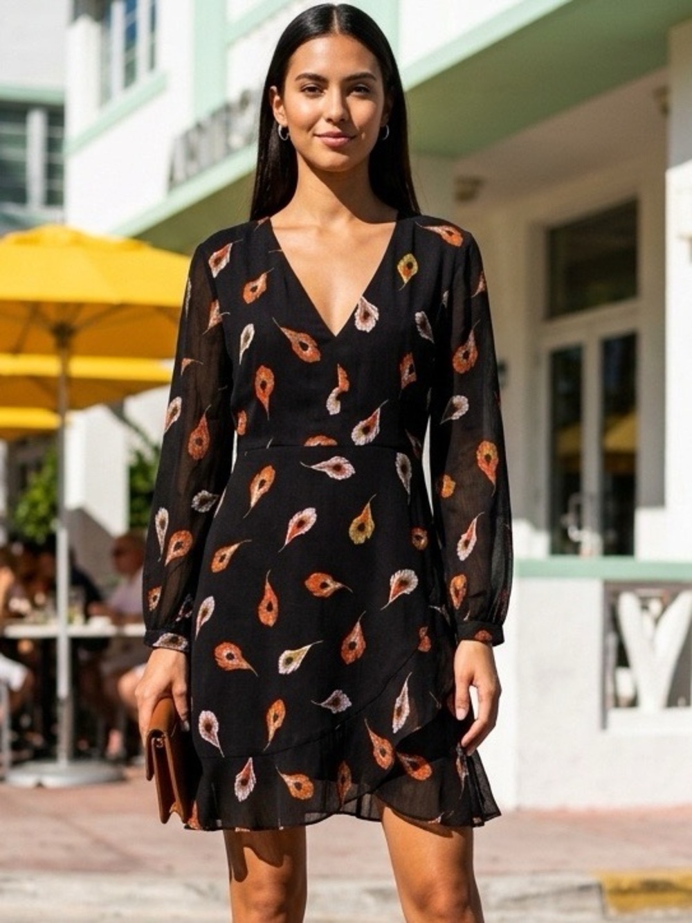 Madewell Feather Print Faux Wrap Ruffle Hem Dress Size 10 Black Boho